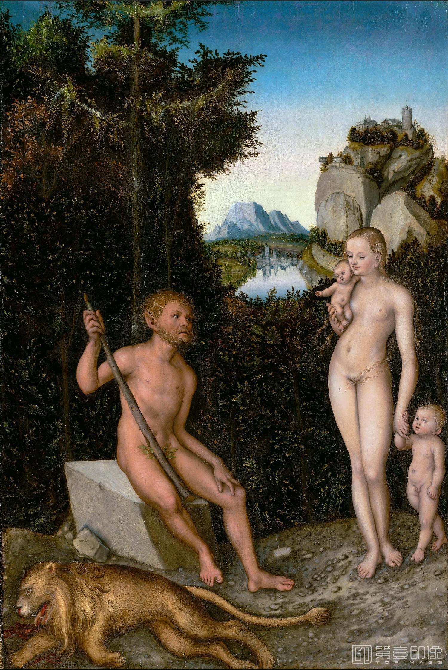 油画-美国洛杉矶保罗盖蒂美术馆-Кранах Лукас старший (1472 Кронах - 1553 Веймар) - Фавн с семьей и убитый лев (83х56 см) ок1526-161